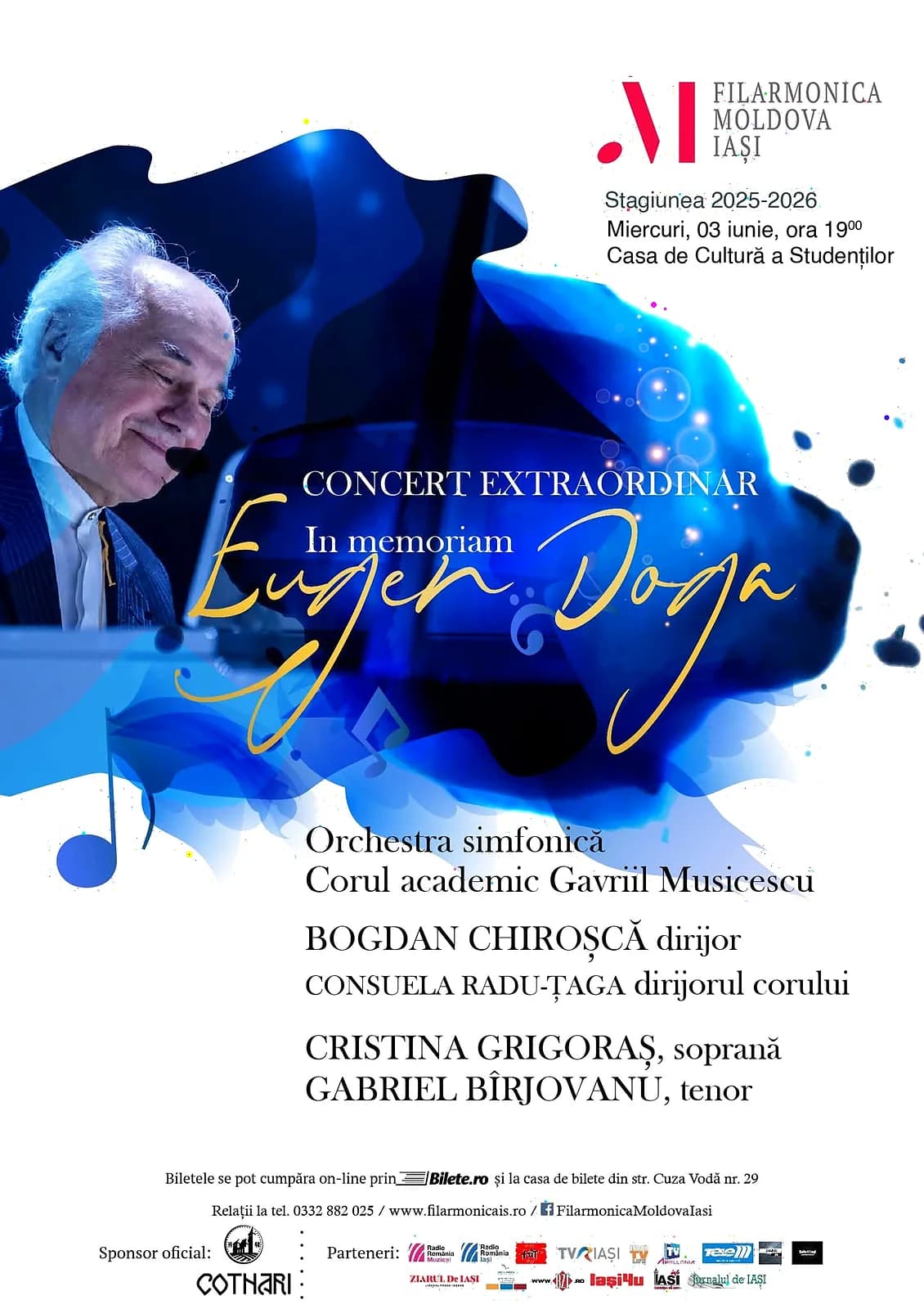 Afiș concert dedicat muzicii lui Eugen Doga, cu tenorul Gabriel Bîrjovanu — Iași