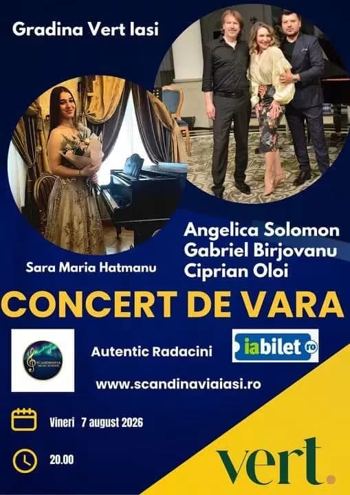Afiș Concert de Vară Grădina Vert Iași 2026 — interpreți: Sara Maria Hatmanu, Angelica Solomon, Gabriel Bîrjovanu, Ciprian Oloi