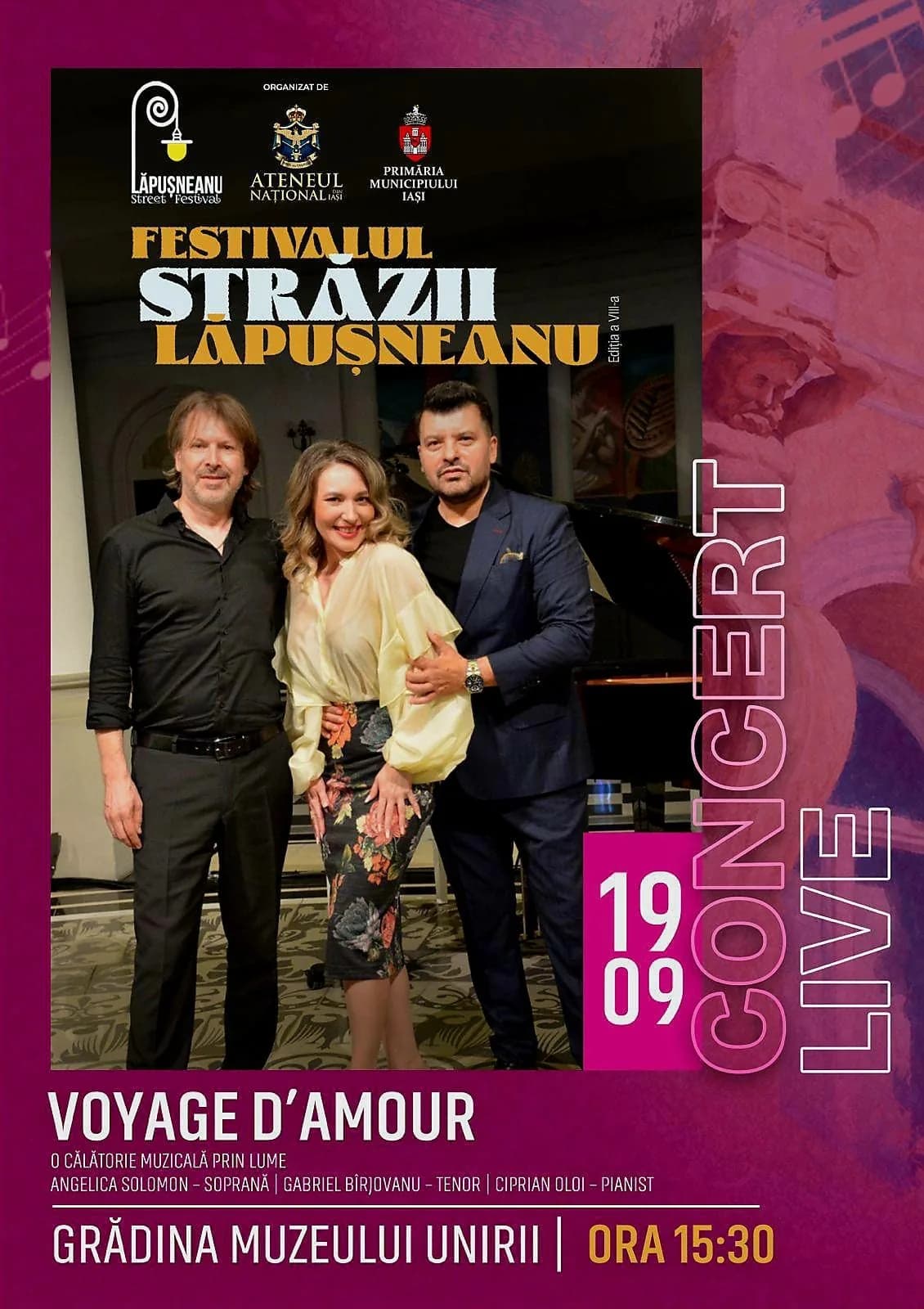 Afișul concertului „Voyage d'Amour” din 19 septembrie 2026, cu Angelica Solomon, Gabriel Bîrjovanu și Ciprian Oloi, la Festivalul Străzii Lăpușneanu